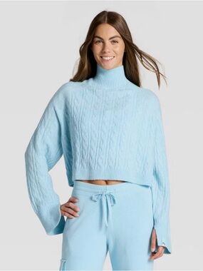 JoyLab Sky Blue Cable-Knit Cropped Turtleneck Sweater